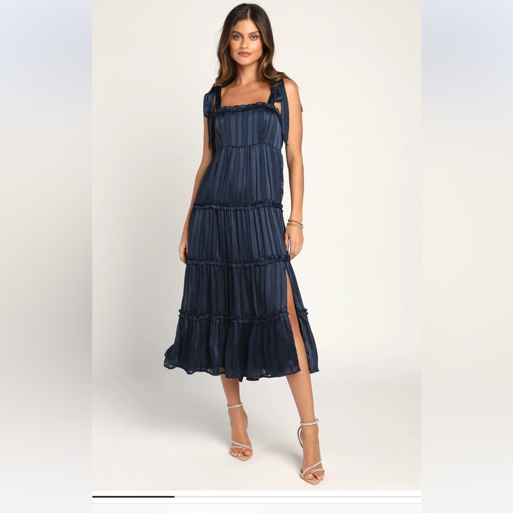 Lulu's Navy Tiered Maxi Dress with Lace straps and shimmer